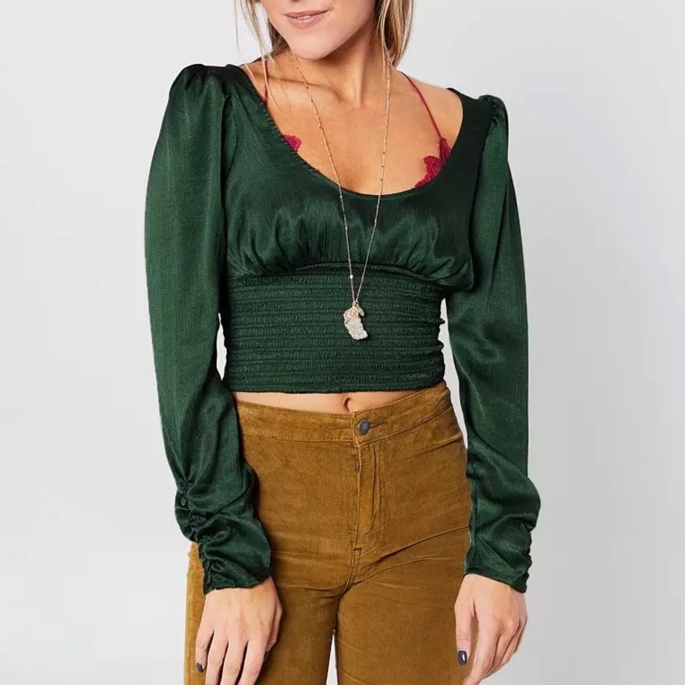 Free People Santiago Satin Cropped Blouse in Evergreen